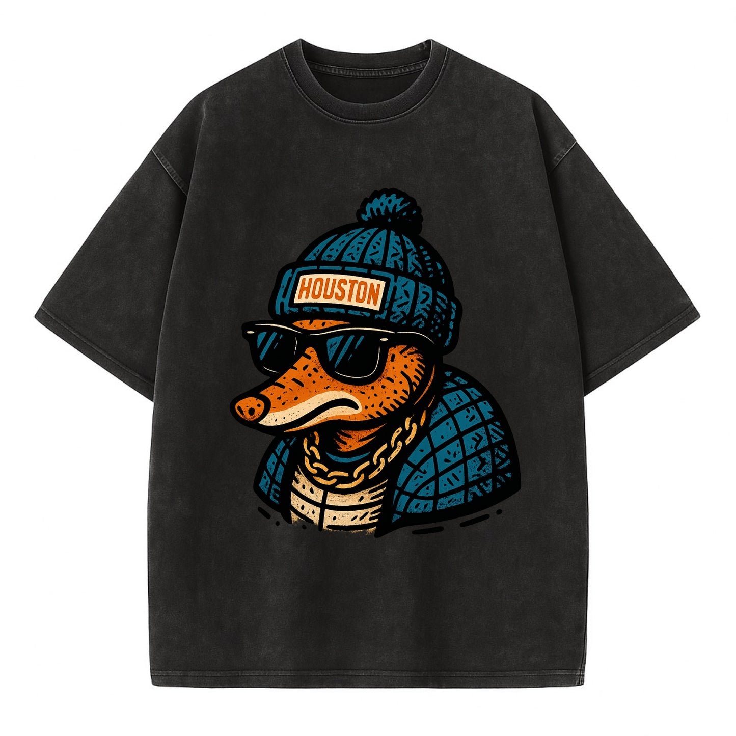 Houston Armadillo wearing Houston beanie with pom pom and wayfarer sunglasses - Vintage T-shirt - Black
