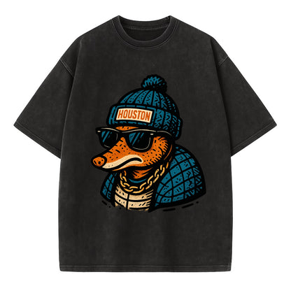 Houston Armadillo wearing Houston beanie with pom pom and wayfarer sunglasses - Vintage T-shirt - Black