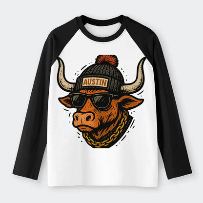 Texas Longhorn wearing Austin beanie with pom pom and wayfarer - Raglan Long Sleeve T-Shirt - Black