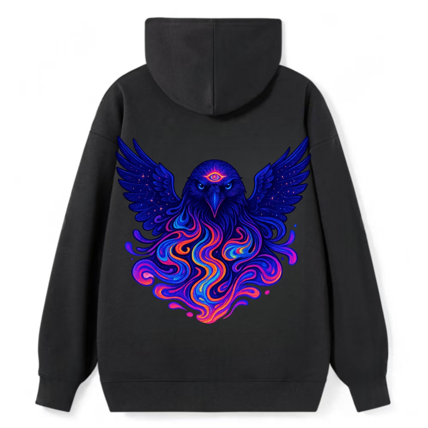 Mysterious raven with feathers showing future visions in neon colors, - Classic Pullover Hoodie - Black