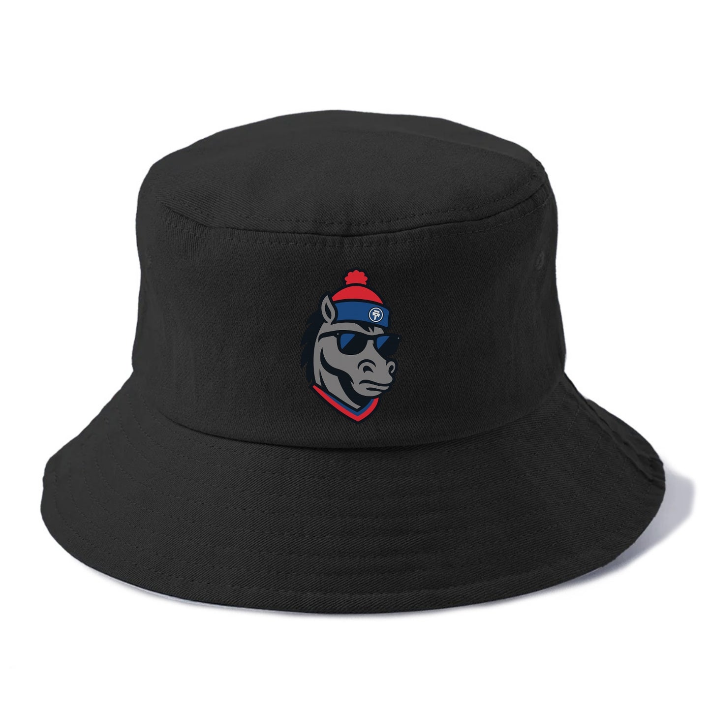 Detroit Stallion wearing Pistons red and blue beanie with piston patch and wayfarer - Bucket Hat - Black