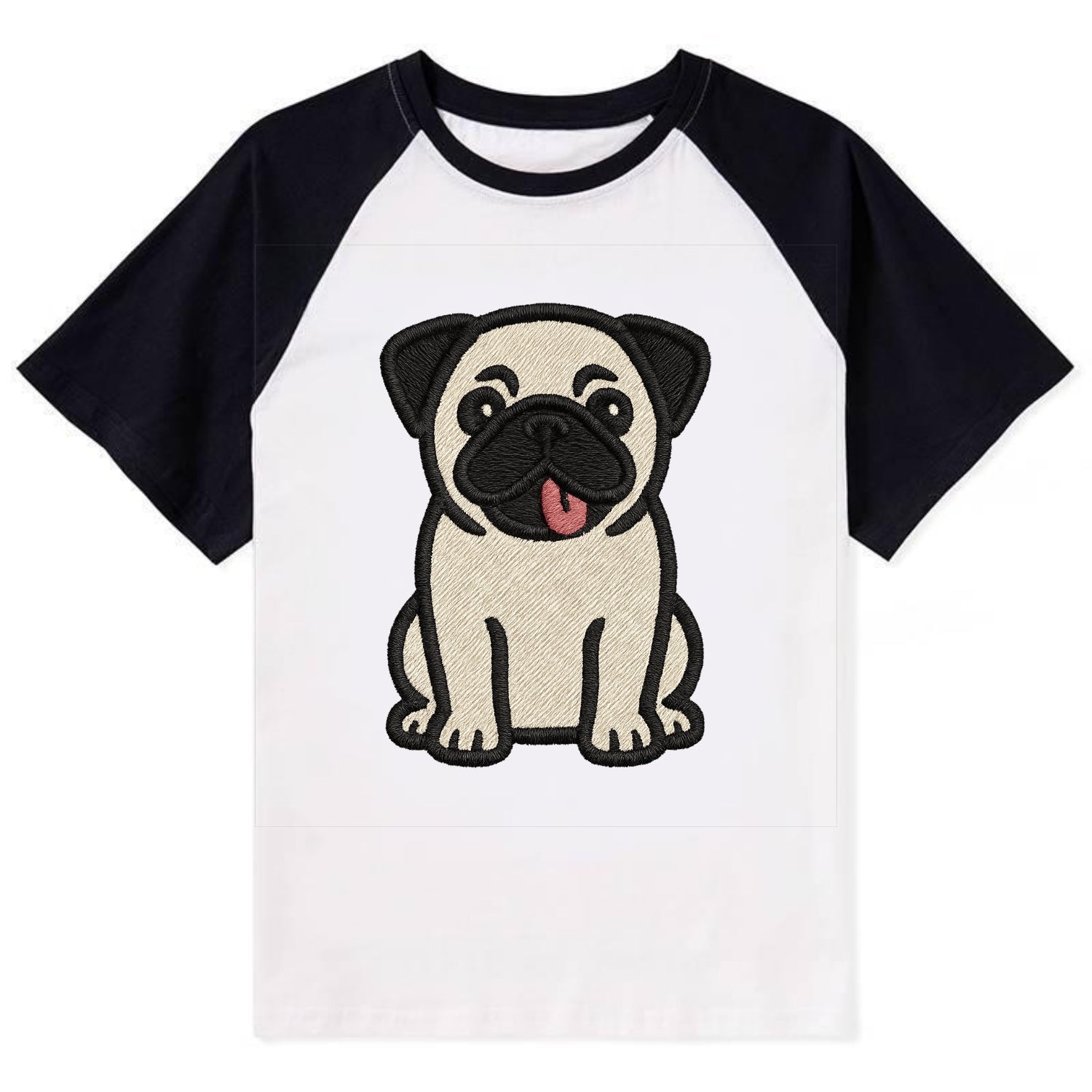 Pug - Tilted head with tongue out - Cont Contrast Raglan T-shirt - Black