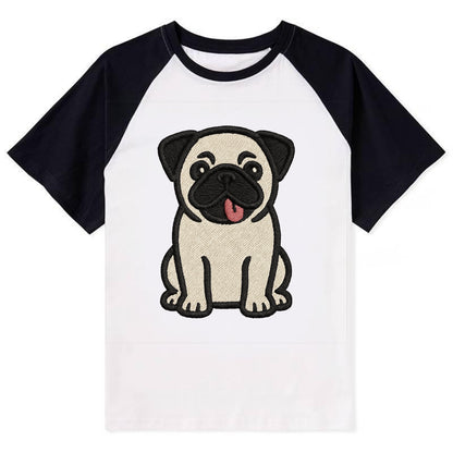 Pug - Tilted head with tongue out - Cont Contrast Raglan T-shirt - Black