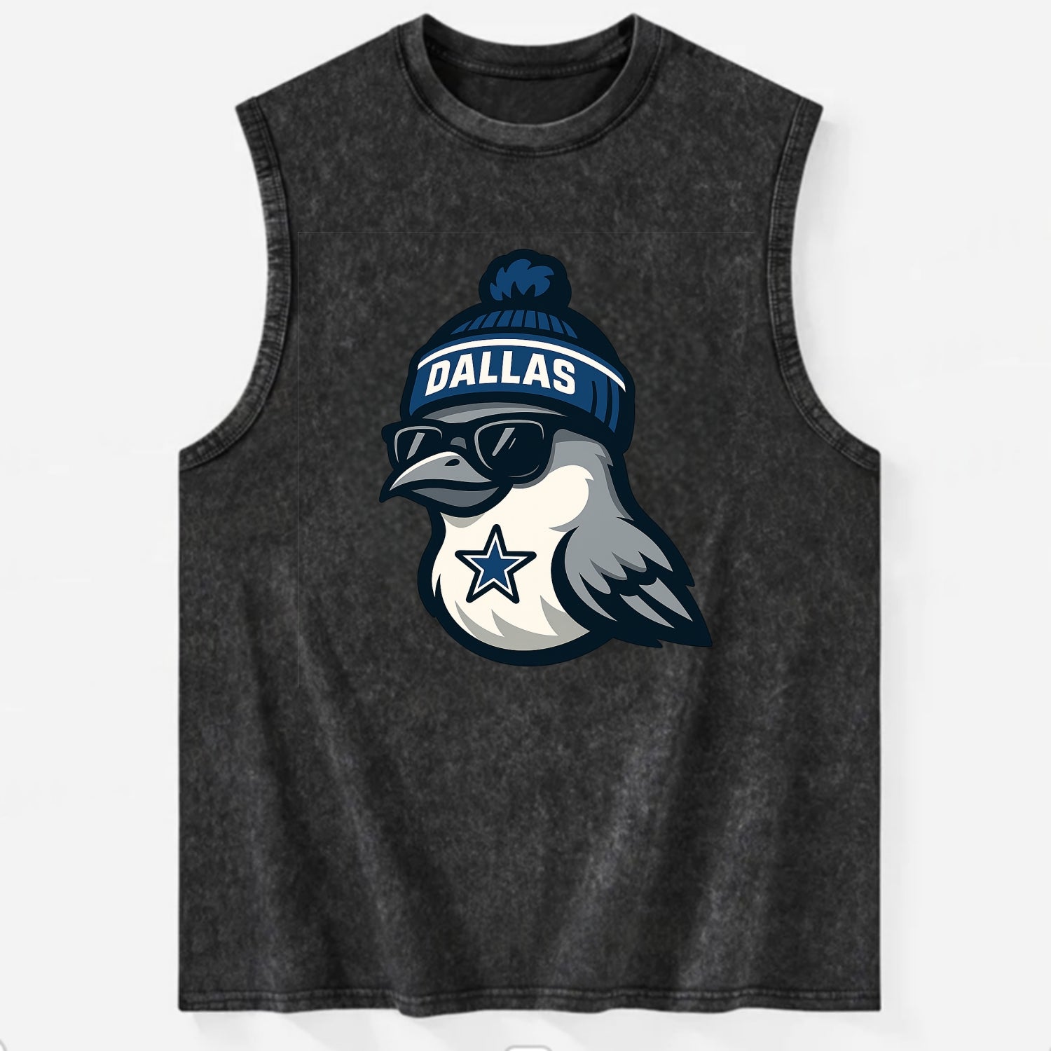 Dallas Mockingbird wearing Cowboys beanie with sheriff star and wayfarer - Vintage Washed Tank - Black