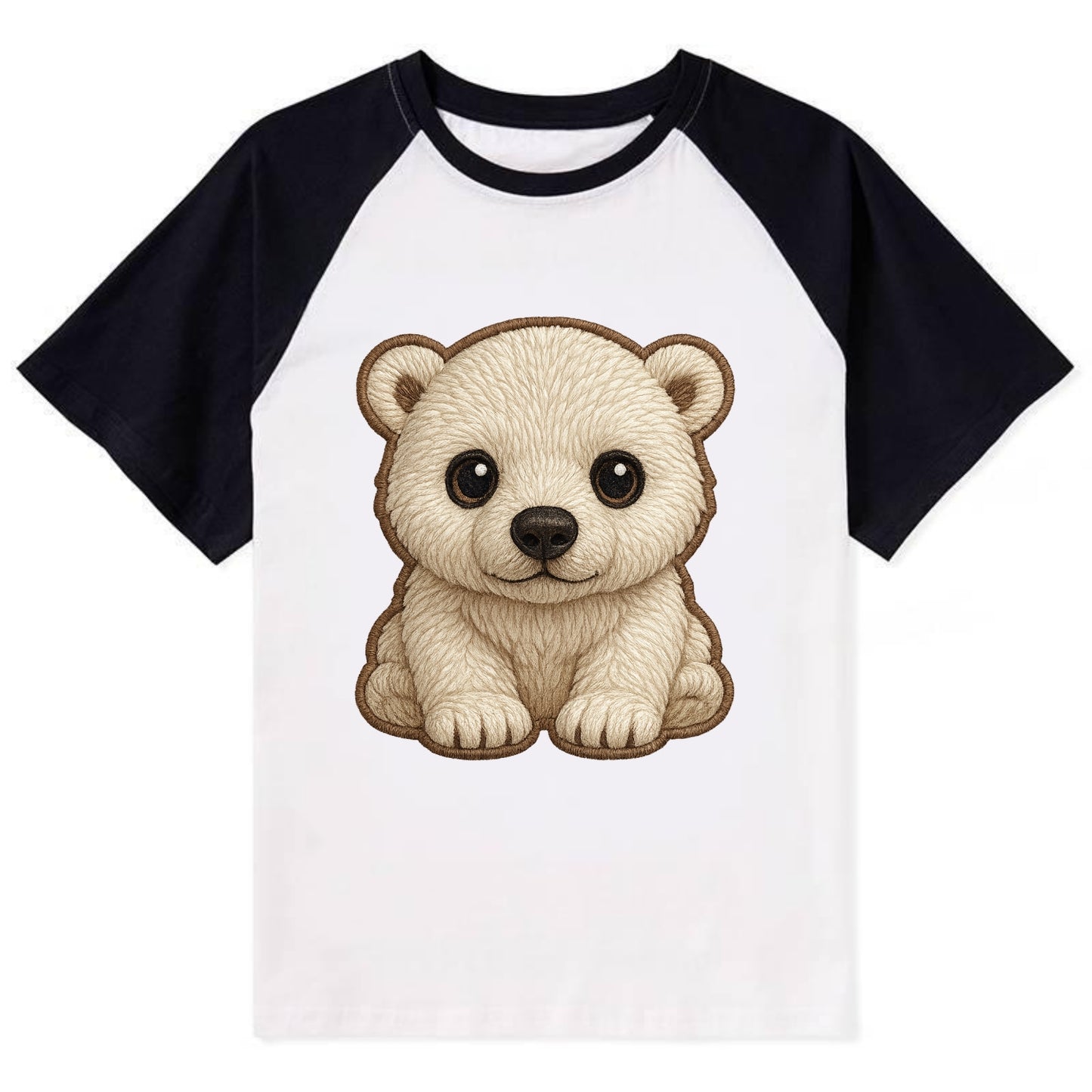 Baby Polar Bear Cub - white fluffy, black nose, dark curious eyes, - Contrast Raglan T-shirt - Black
