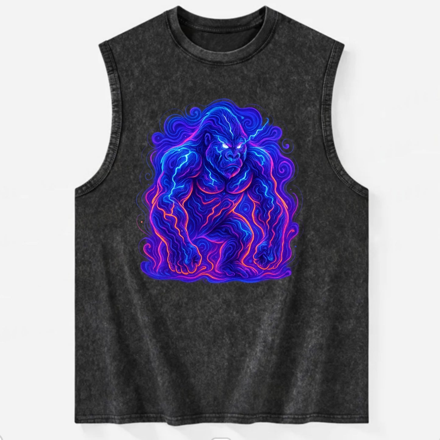 Mighty gorilla with electricity flowing through defined muscles, lightning - Vintage Washed Tank - Black