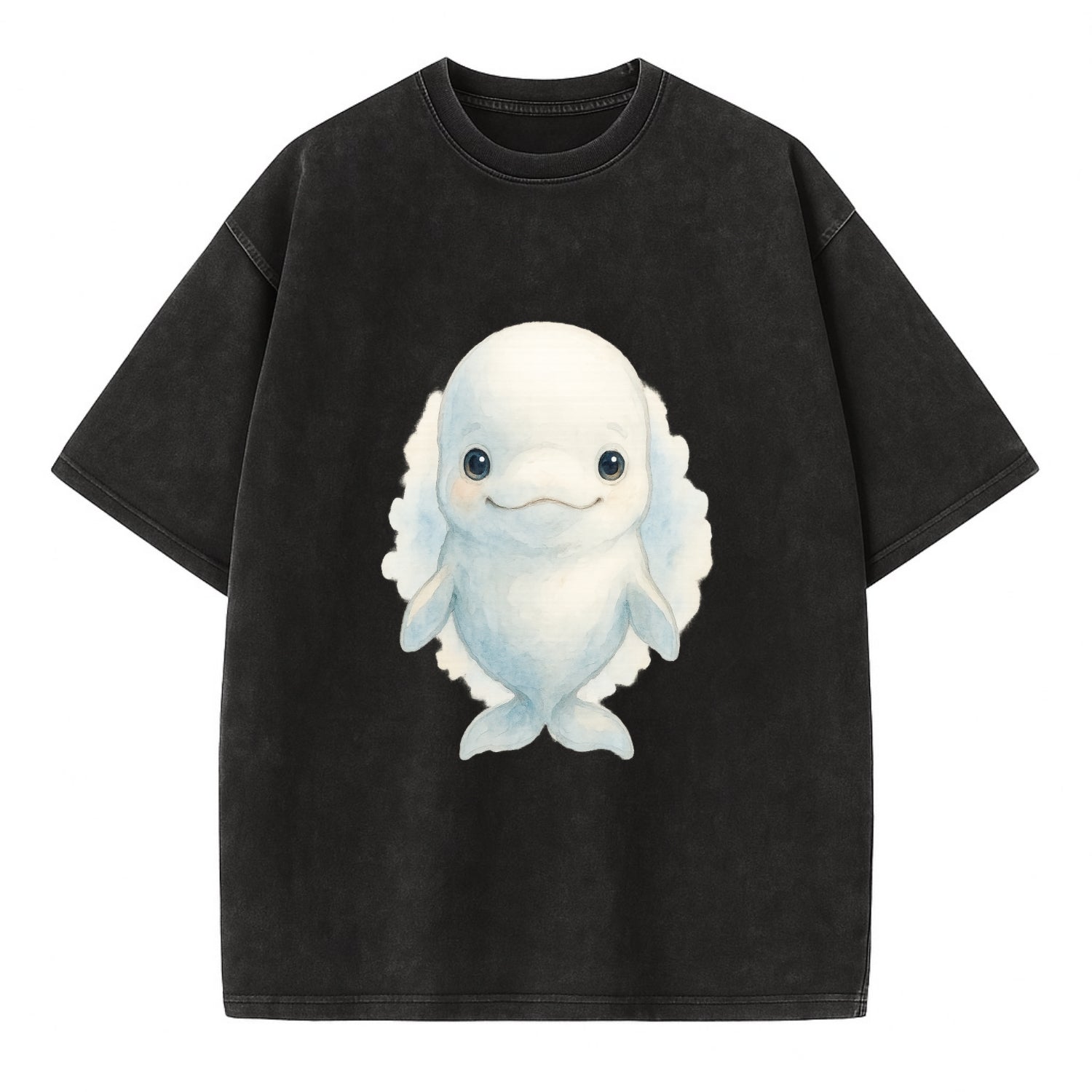 Baby Beluga Whale - pure white, rounded forehead, small eyes with big - Vintage T-shirt - Black