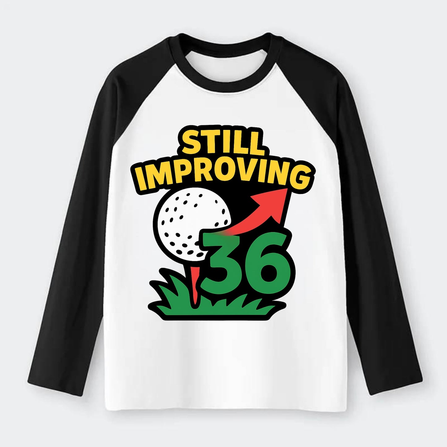 Handicap number getting higher with arrow - "Still Improving" - - Raglan Long Sleeve T-Shirt - Black