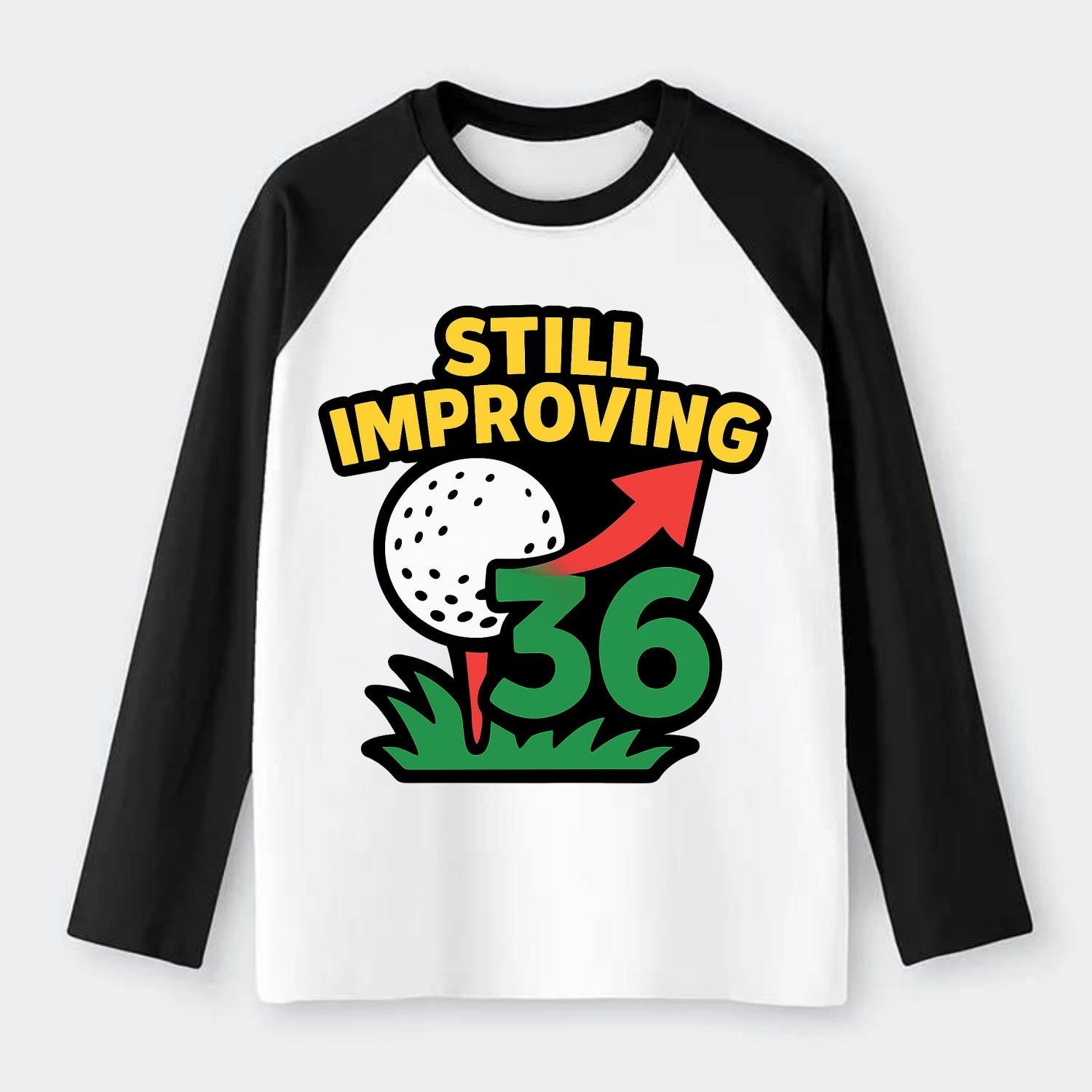 Handicap number getting higher with arrow - "Still Improving" - - Raglan Long Sleeve T-Shirt - Black