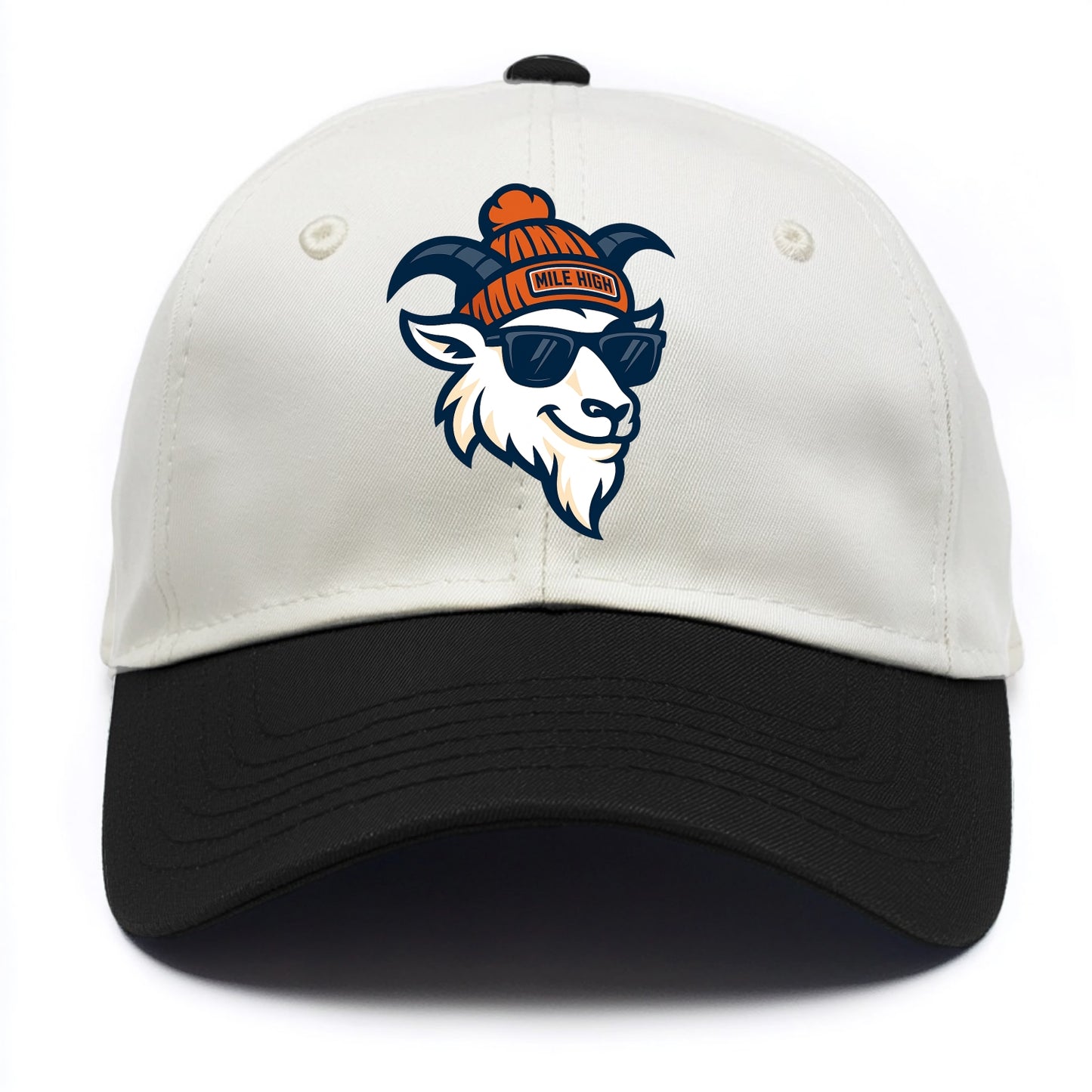Denver Mountain Goat wearing Broncos beanie with Mile High patch and wayfarer - Two Tone Cap - Black