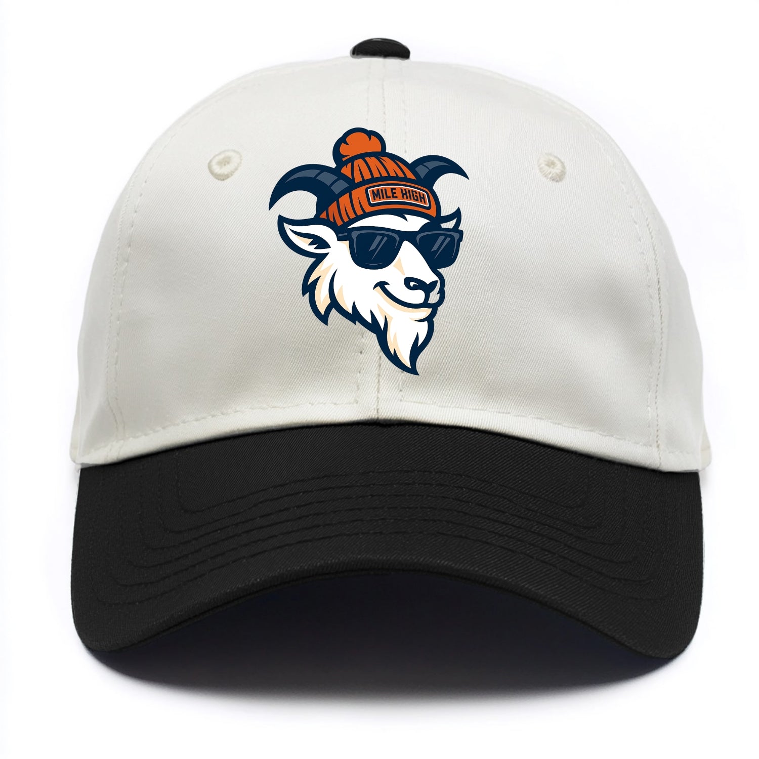 Denver Mountain Goat wearing Broncos beanie with Mile High patch and wayfarer - Two Tone Cap - Black