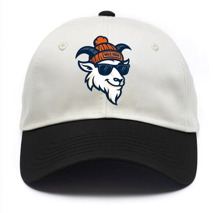 Denver Mountain Goat wearing Broncos beanie with Mile High patch and wayfarer - Two Tone Cap - Black