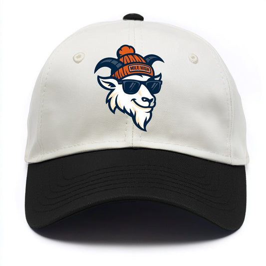 Denver Mountain Goat wearing Broncos beanie with Mile High patch and wayfarer - Two Tone Cap - Black