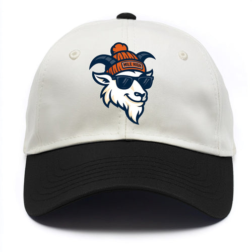 Denver Mountain Goat wearing Broncos beanie with Mile High patch and wayfarer - Two Tone Cap