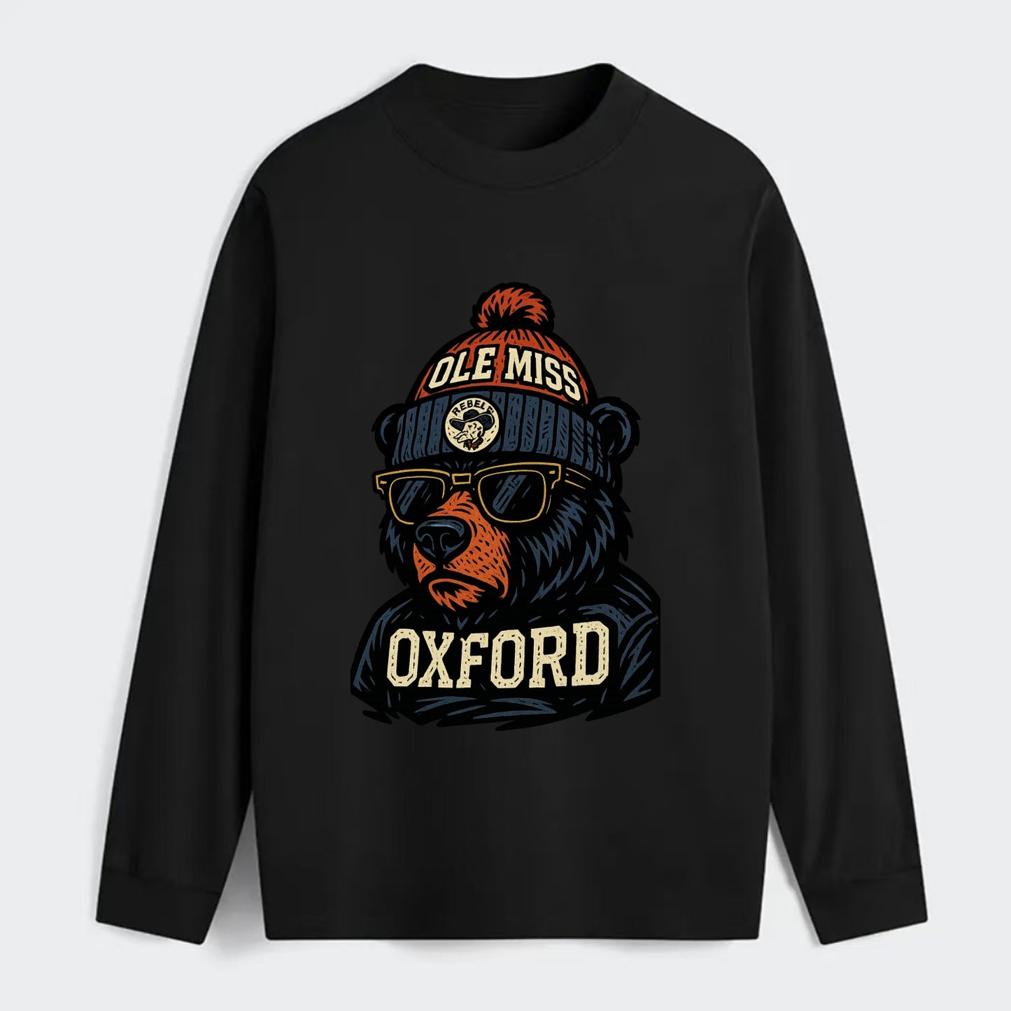 Oxford Black Bear wearing Ole Miss beanie with rebel patch - Classic Long Sleeve Shirt - Black