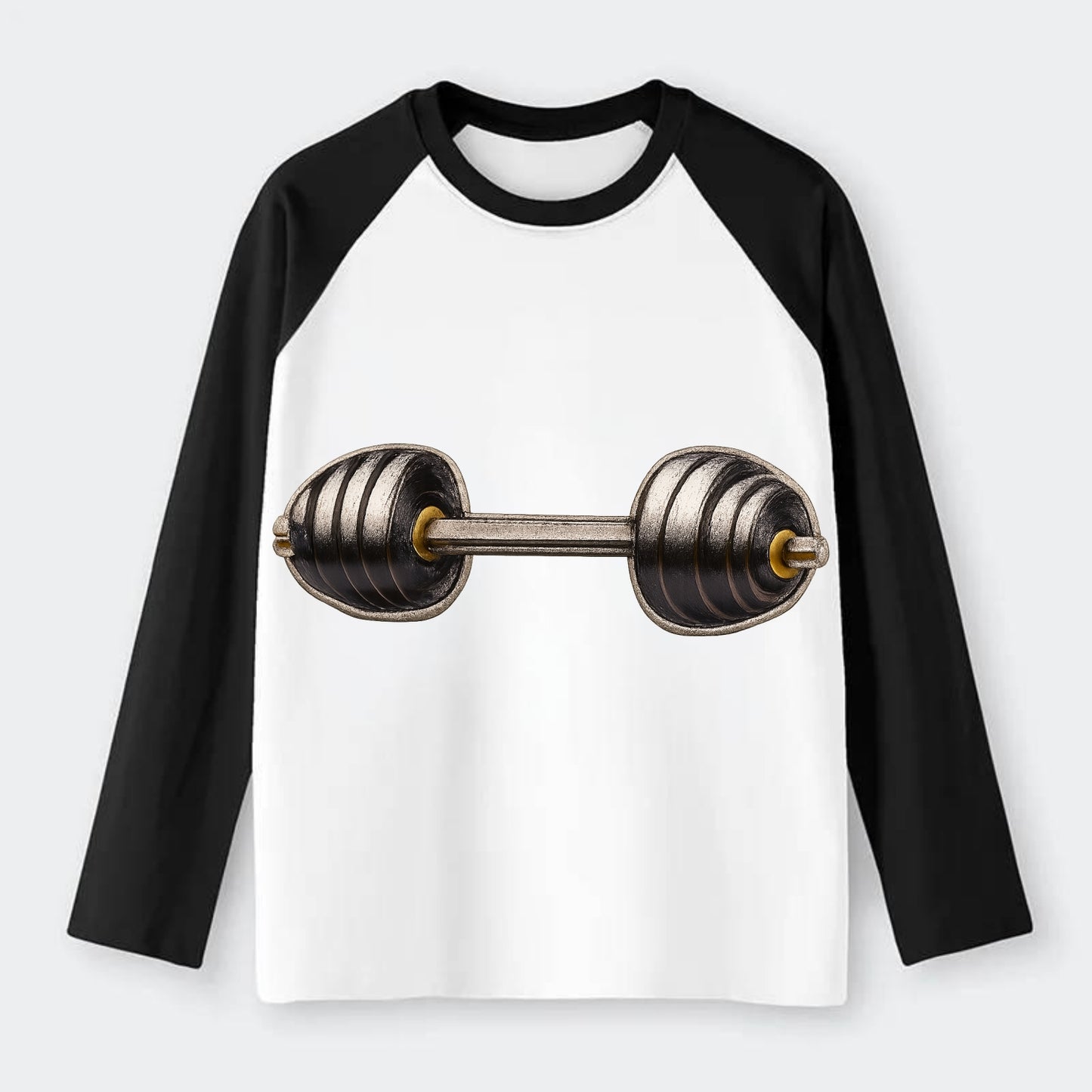 WEIGHTLIFTING BARBELL - heavy barbell with plates in silver and black - Raglan Long Sleeve T-Shirt - Black