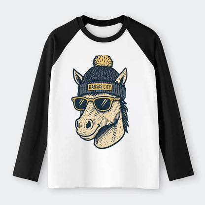 Missouri Mule wearing Kansas City beanie with pom pom and wayfarer - Raglan Long Sleeve T-Shirt - Black