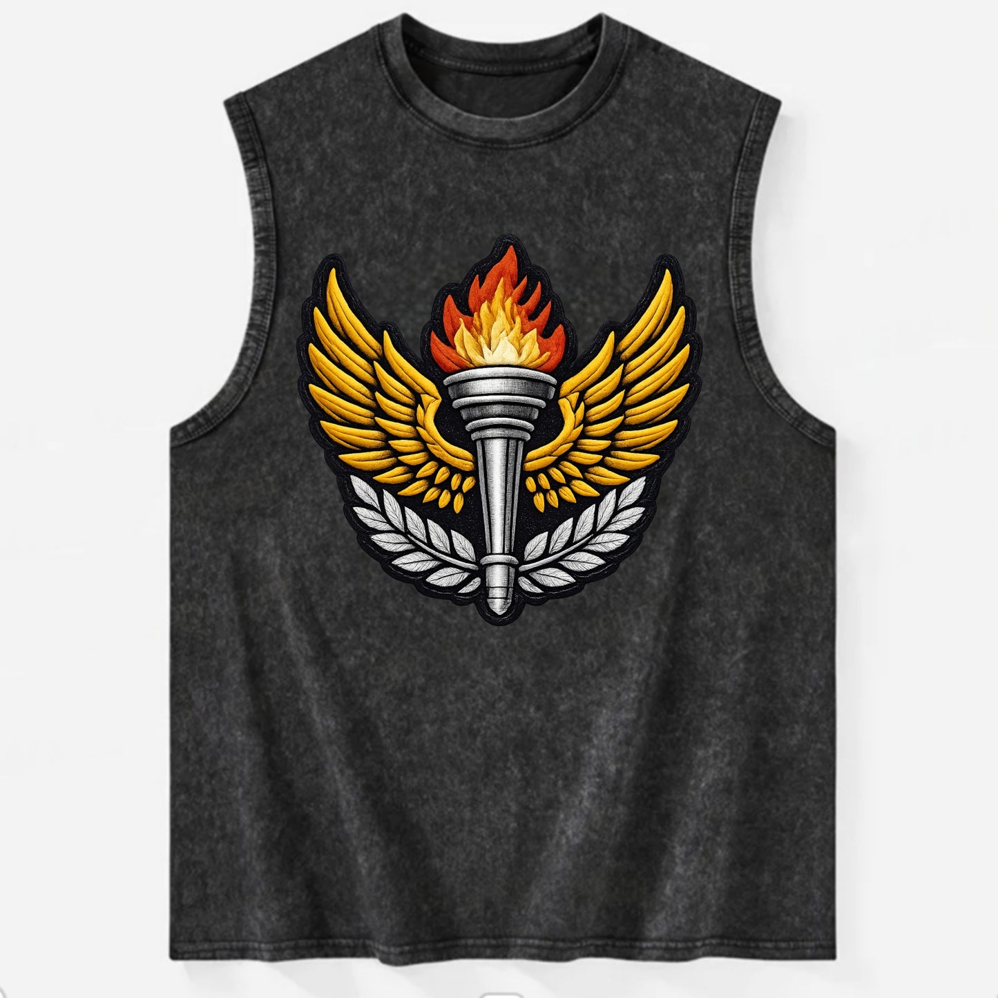 Embroidered patch design - TRACK AND FIELD TORCH - Olympic style torch with - Vintage Washed Tank - Black