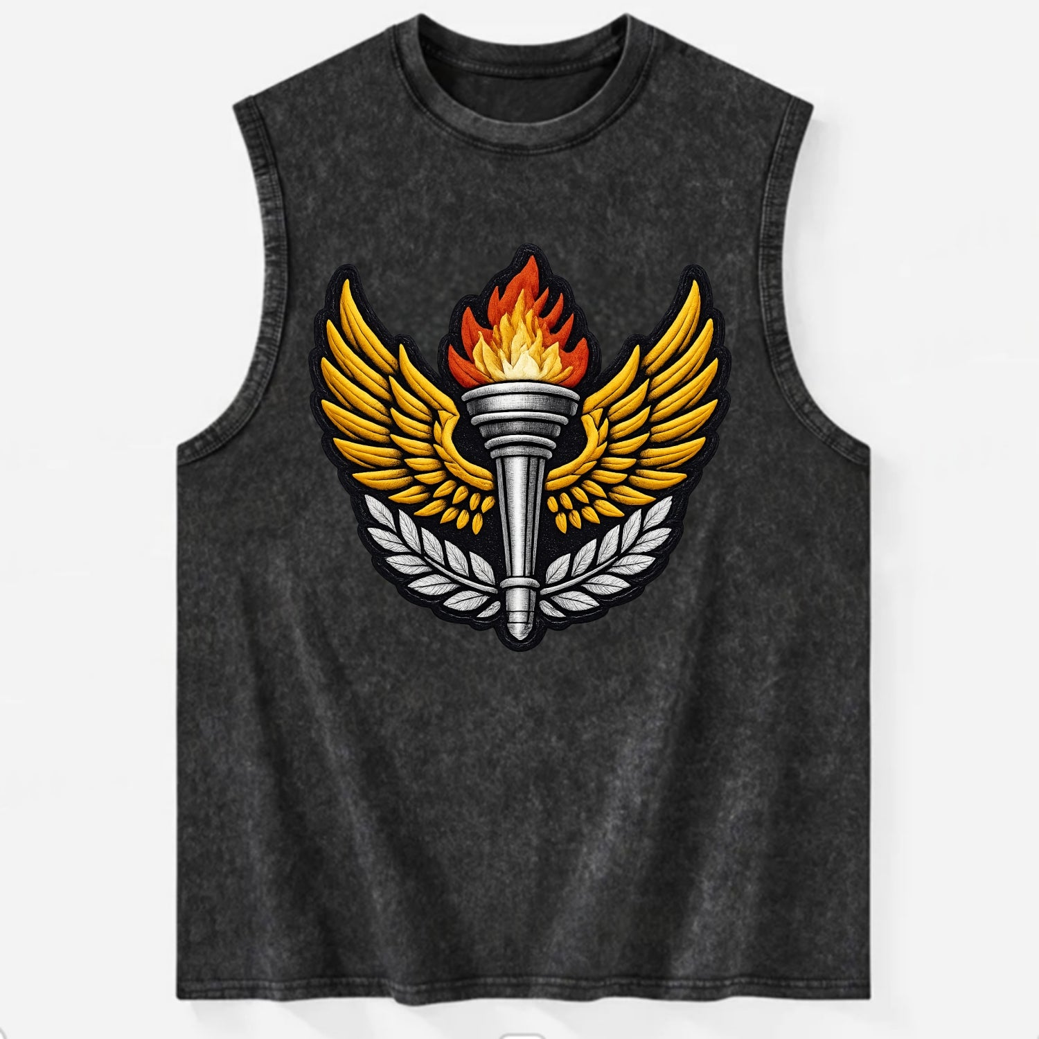 Embroidered patch design - TRACK AND FIELD TORCH - Olympic style torch with - Vintage Washed Tank - Black
