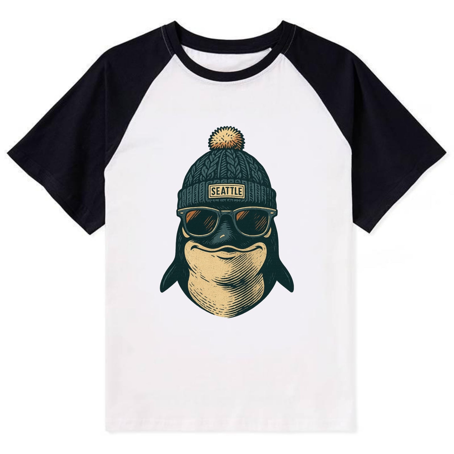 Washington Orca wearing Seattle beanie with pom pom and wayfarer - Contrast Raglan T-shirt - Black