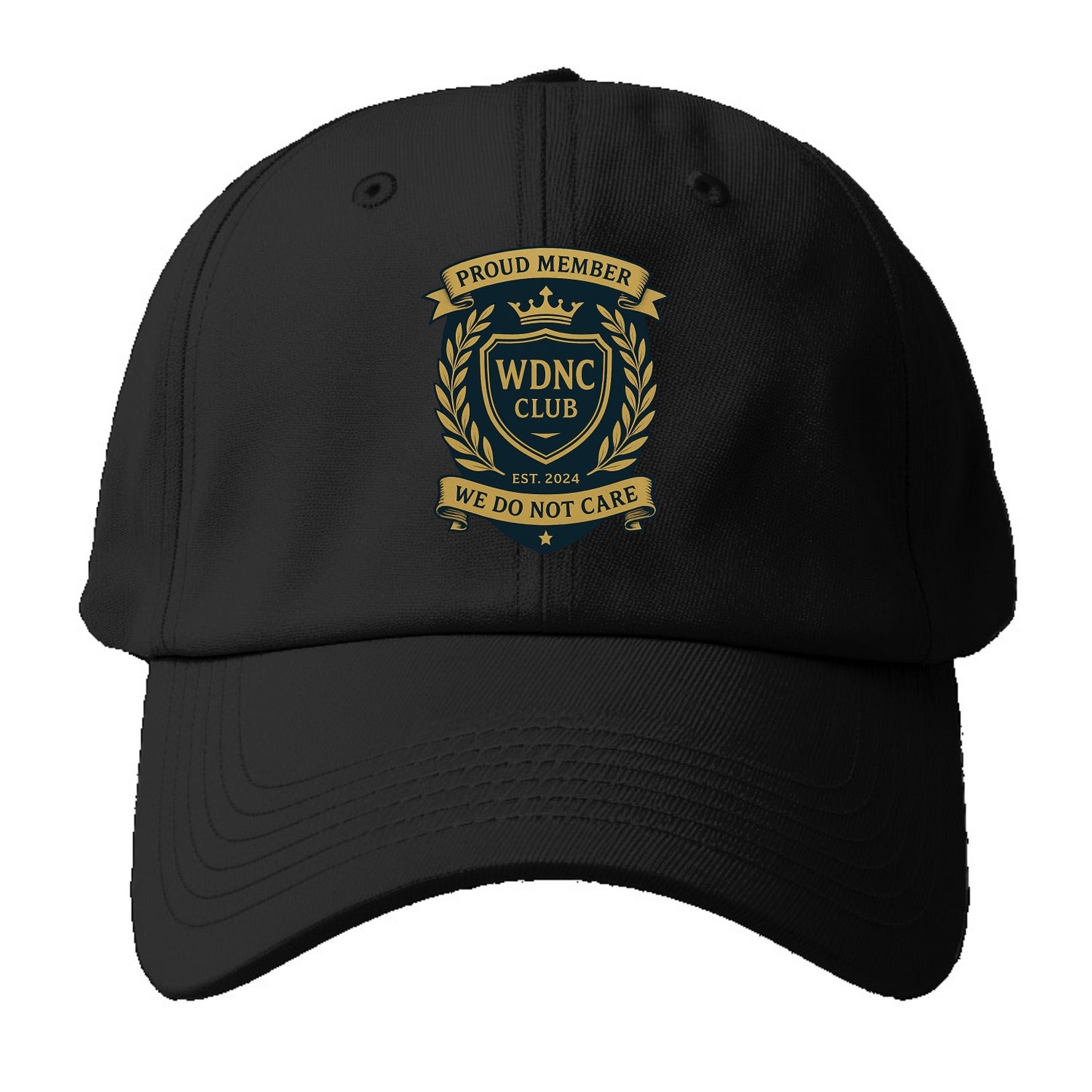 Proud Member badge with laurel wreath - "WDNC CLUB - We Do Not Care" - - Baseball Cap For Big Heads - Black