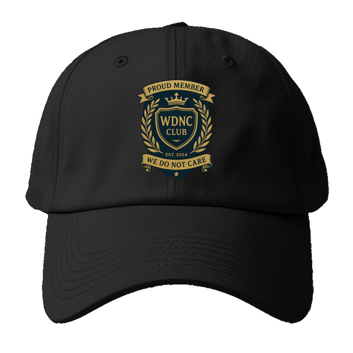 Proud Member badge with laurel wreath - "WDNC CLUB - We Do Not Care" - - Baseball Cap For Big Heads - Black