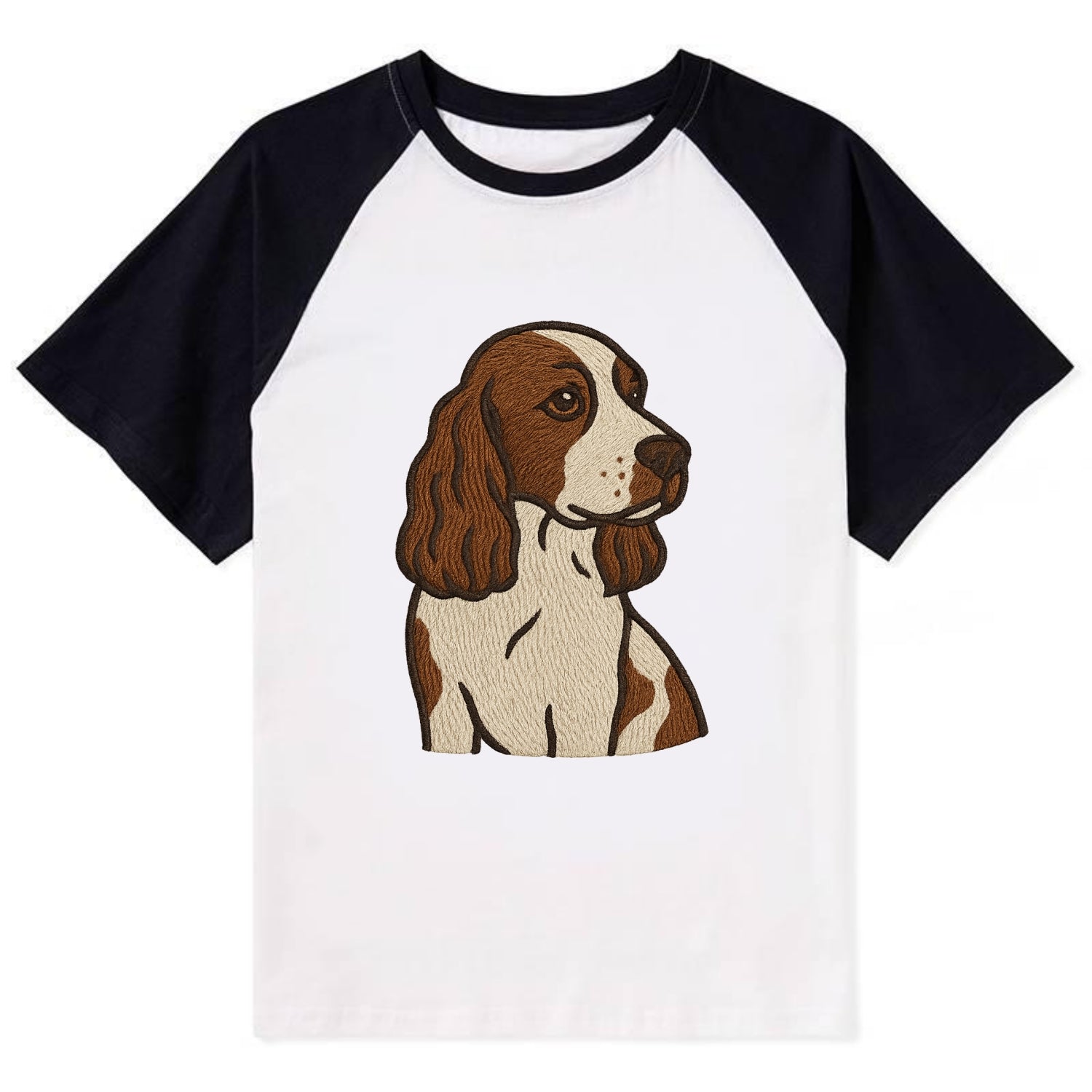 English Cocker Spaniel - Liver and white embroidered design - Contrast Raglan T-shirt - Black