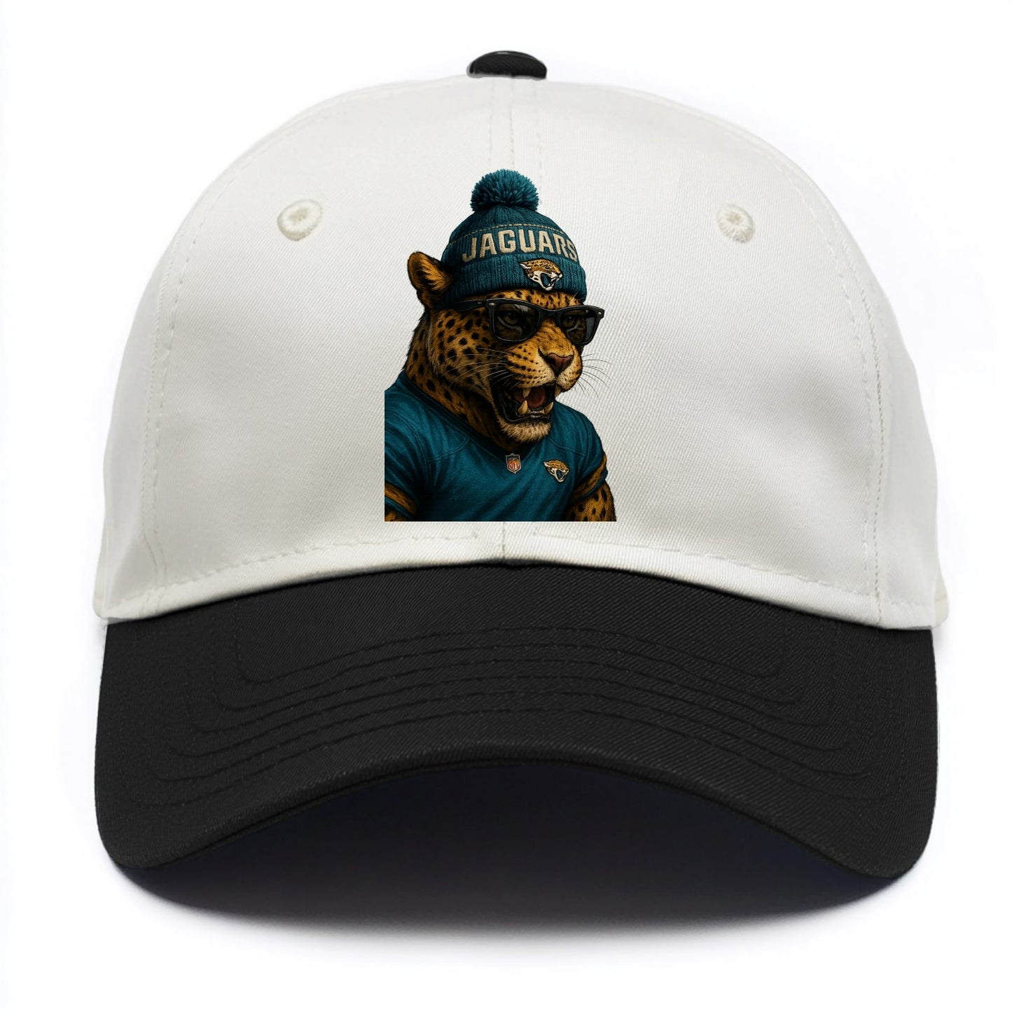 Jacksonville Jaguar wearing Jaguars teal and gold beanie with pom pom and wayfarer - Two Tone Cap - Black