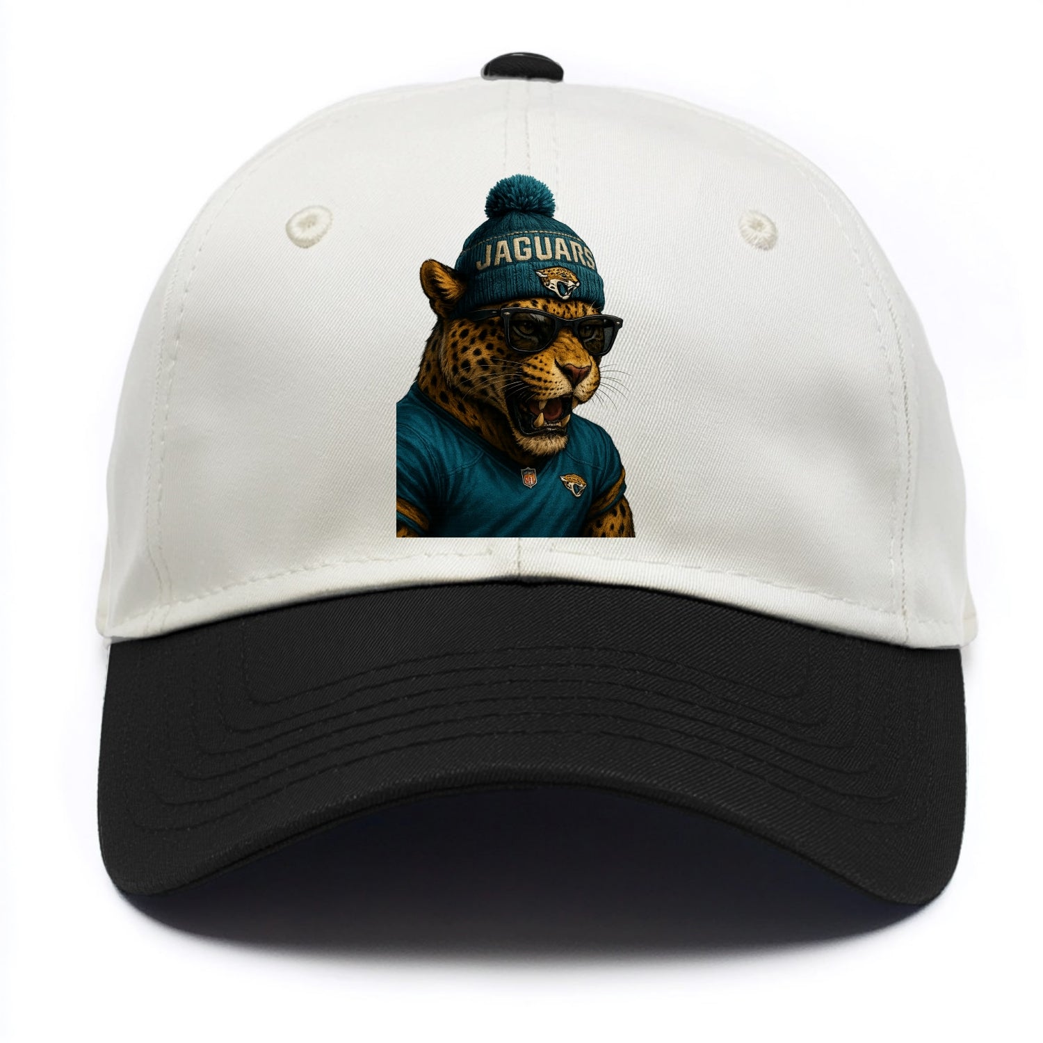 Jacksonville Jaguar wearing Jaguars teal and gold beanie with pom pom and wayfarer - Two Tone Cap - Black