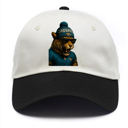 Jacksonville Jaguar wearing Jaguars teal and gold beanie with pom pom and wayfarer - Two Tone Cap - Black