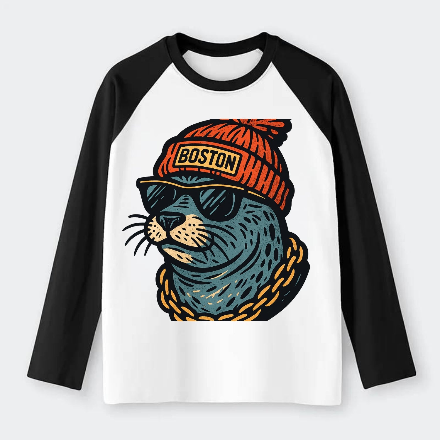 Boston Harbor Seal wearing Boston beanie with pom pom and wayfarer - Raglan Long Sleeve T-Shirt - Black