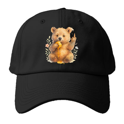 chubby bear cub eating dripping honey, sticky paw up with middle finger - Baseball Cap For Big Heads - Black