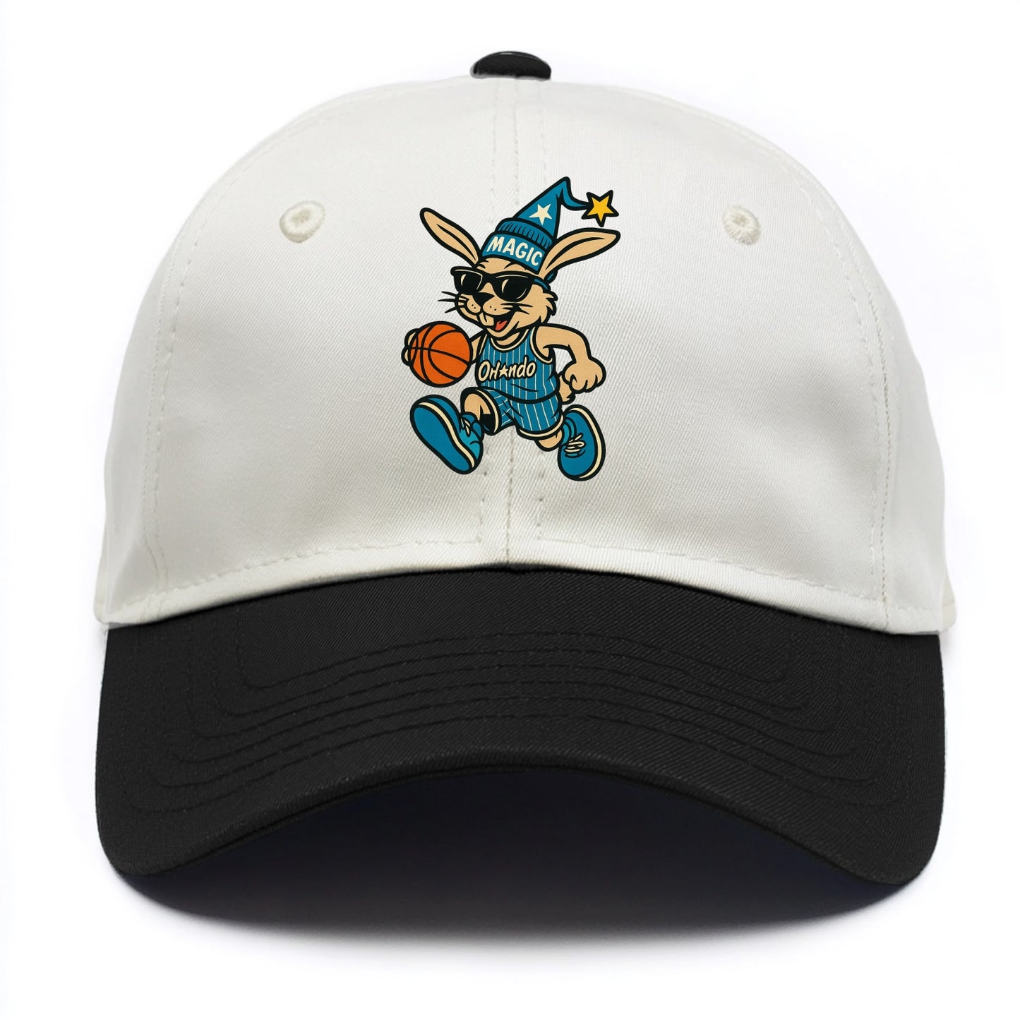 Orlando Rabbit wearing Magic blue and silver beanie with wizard hat and wayfarer - Two Tone Cap - Black