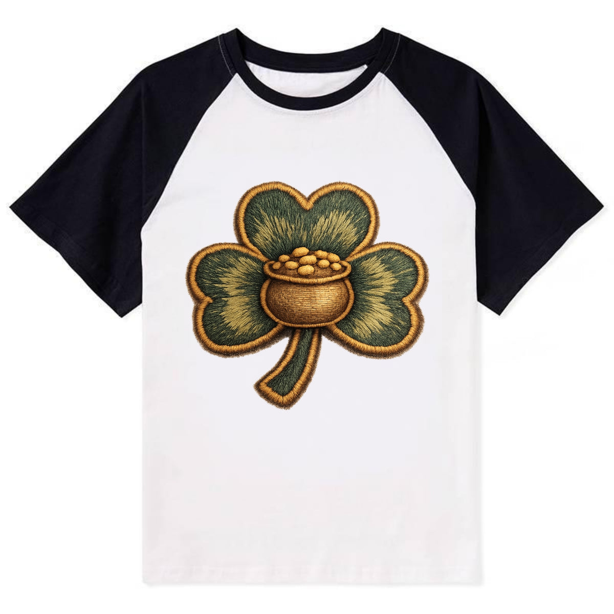 ST PATRICKS CLOVER - lucky clover with gold in green and gold , Irish luck - Contrast Raglan T-shirt - Black