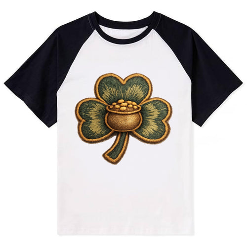 ST PATRICKS CLOVER - lucky clover with gold in green and gold , Irish luck - Contrast Raglan T-shirt
