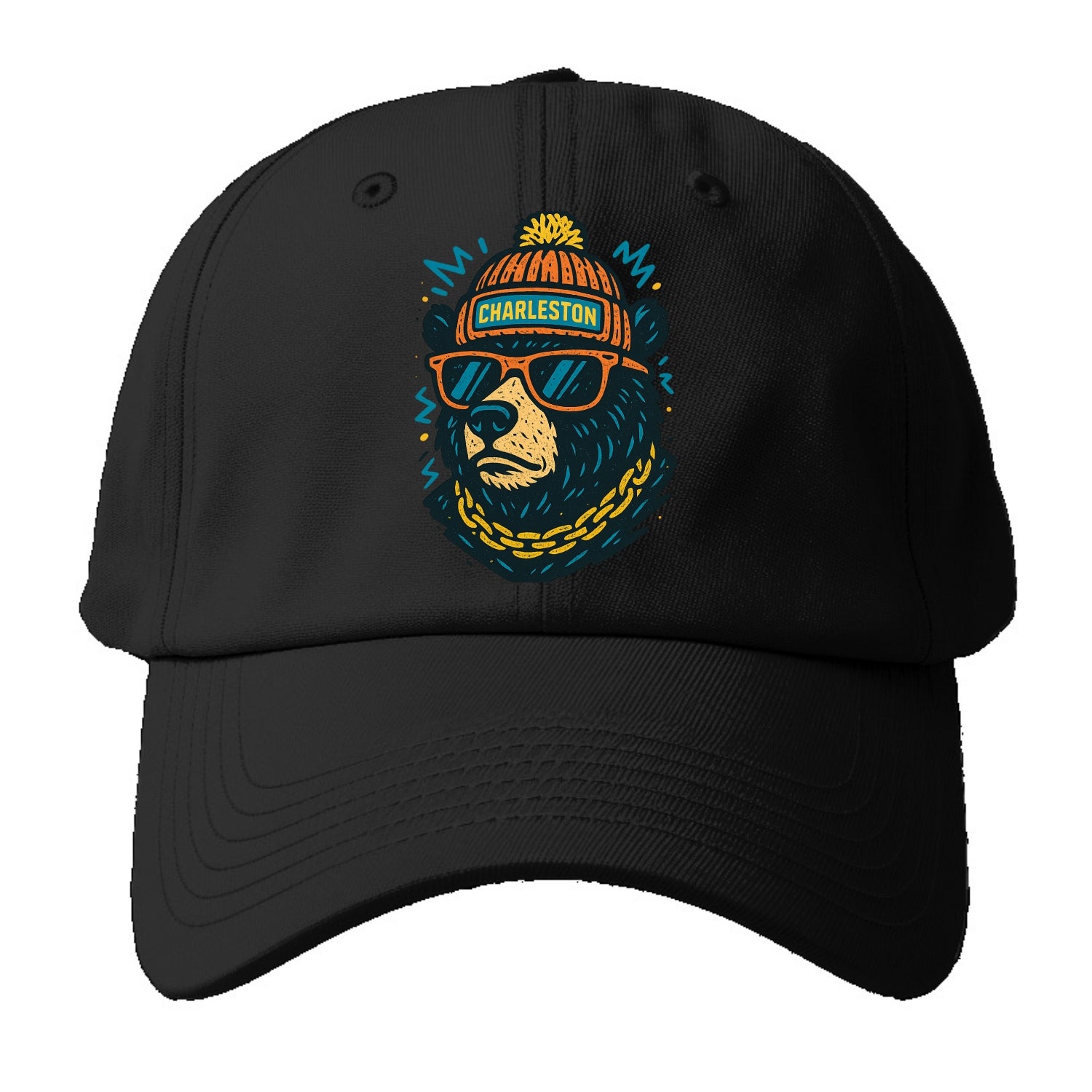 West Virginia Black Bear wearing Charleston beanie with pom pom and wayfarer - Baseball Cap - Black