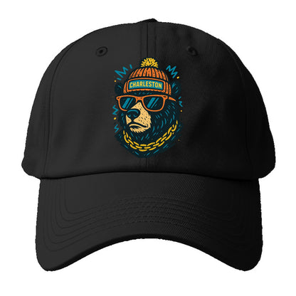 West Virginia Black Bear wearing Charleston beanie with pom pom and wayfarer - Baseball Cap - Black