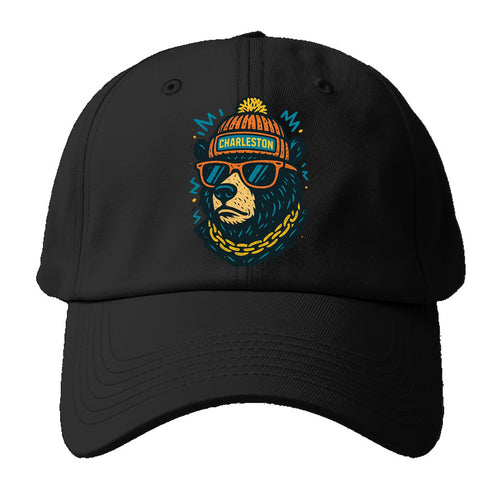 West Virginia Black Bear wearing Charleston beanie with pom pom and wayfarer - Baseball Cap