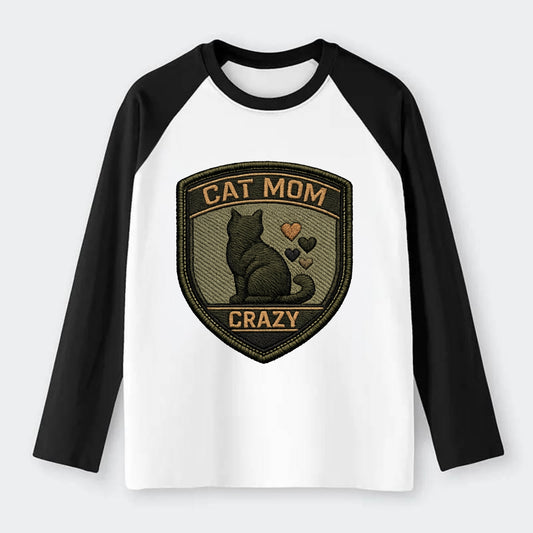 CAT MOM CRAZY - cat silhouette with hearts in purple , cat lady - Raglan Long Sleeve T-Shirt - Black
