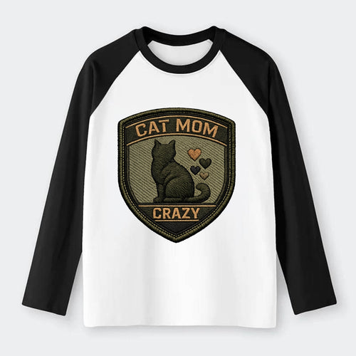 CAT MOM CRAZY - cat silhouette with hearts in purple , cat lady - Raglan Long Sleeve T-Shirt