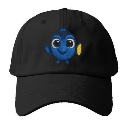Baby Blue Tang - bright blue with yellow tail, big eyes, front-facing, - Baseball Cap For Big Heads - Black
