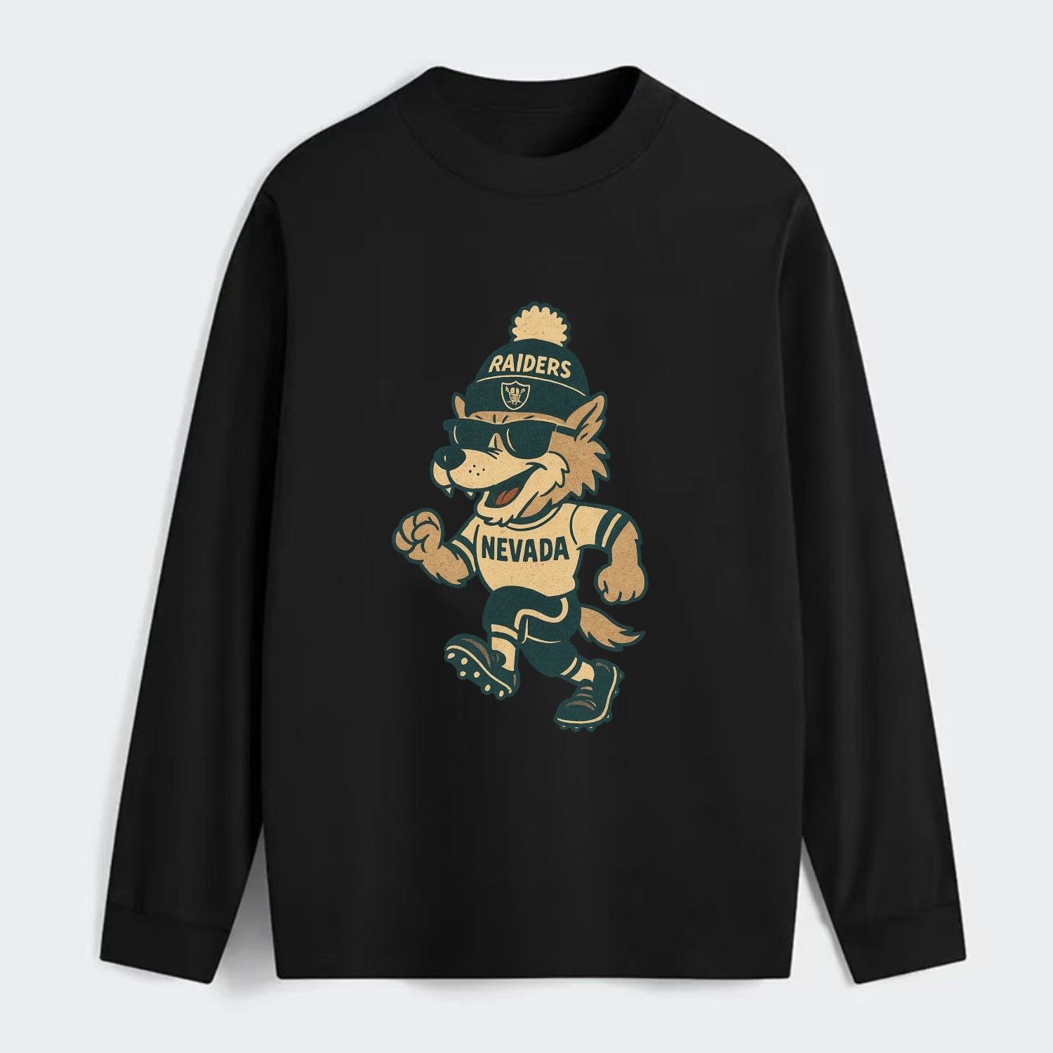 Nevada Wolf wearing Raiders beanie with outlaw patch and wayfarer - Classic Long Sleeve Shirt - Black