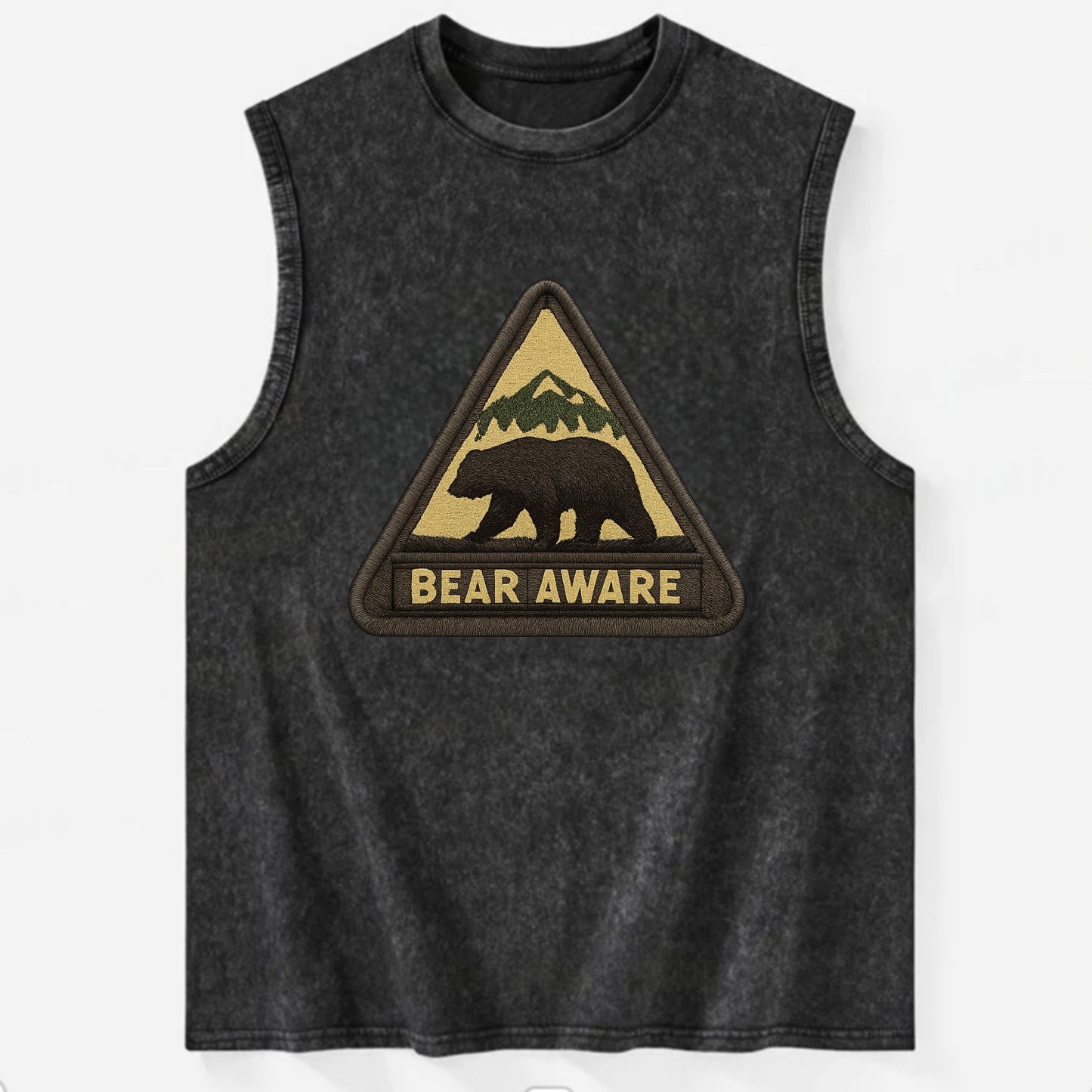 BEAR AWARE - bear silhouette warning in brown and yellow , wilderness safety - Vintage Washed Tank - Black