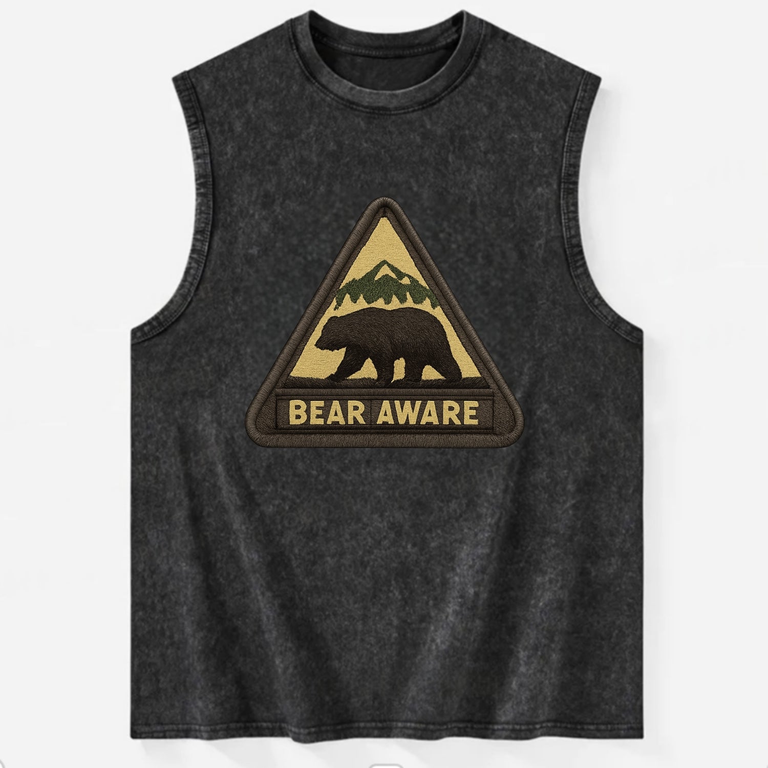 BEAR AWARE - bear silhouette warning in brown and yellow , wilderness safety - Vintage Washed Tank - Black