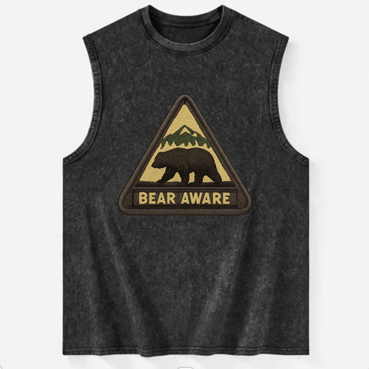 BEAR AWARE - bear silhouette warning in brown and yellow , wilderness safety - Vintage Washed Tank - Black