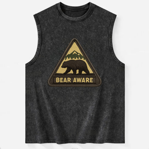 BEAR AWARE - bear silhouette warning in brown and yellow , wilderness safety - Vintage Washed Tank