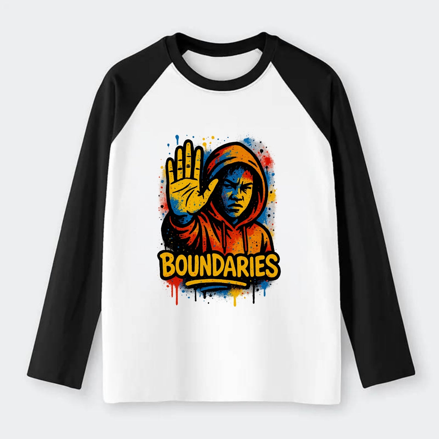 Person holding up hand in "stop" gesture - setting boundaries concept, - Raglan Long Sleeve T-Shirt - Black