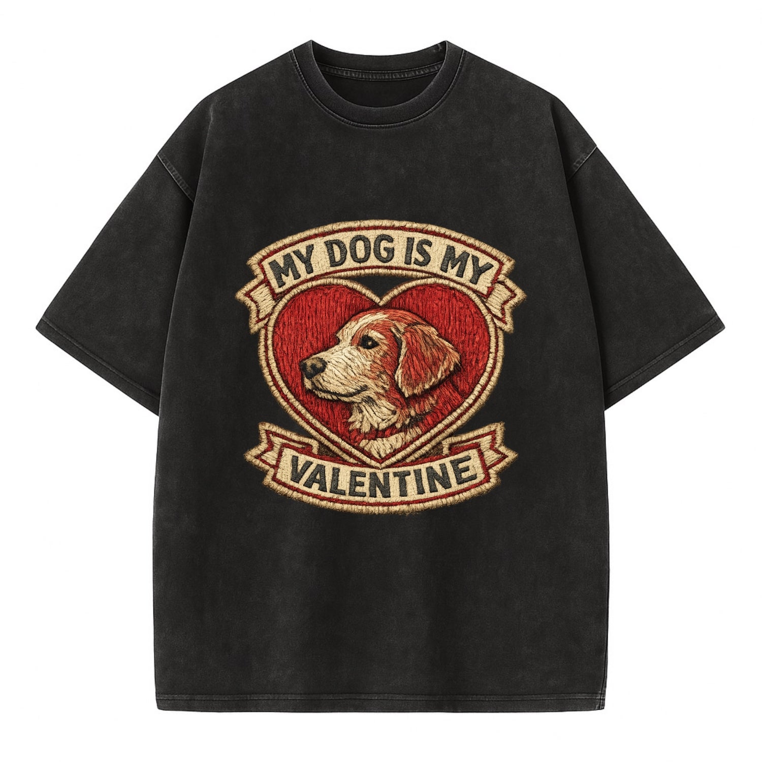 MY DOG IS MY VALENTINE - heart with dog in red , single pet owner - Vintage T-shirt - Black
