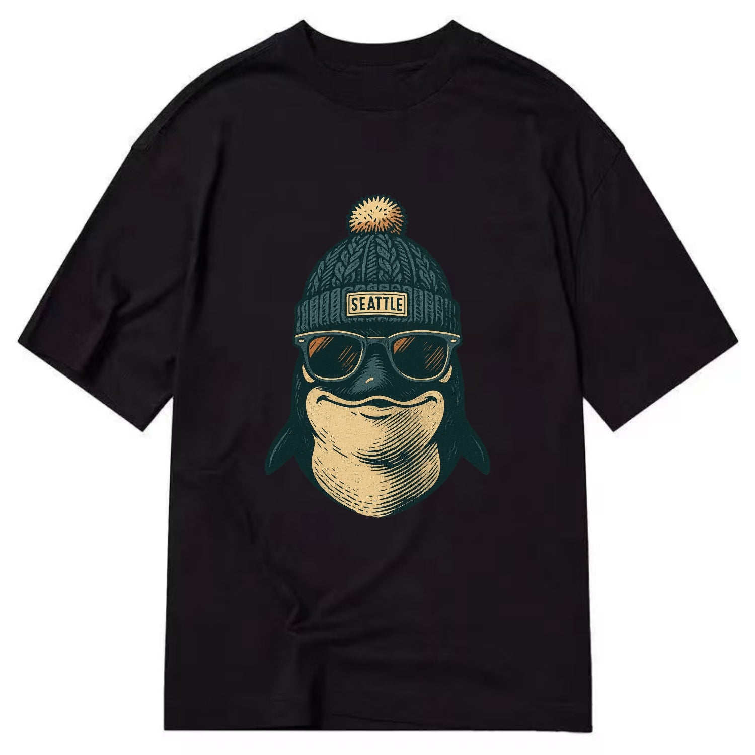 Washington Orca wearing Seattle beanie with pom pom and wayfarer sunglasses - Classic T-shirt - Black