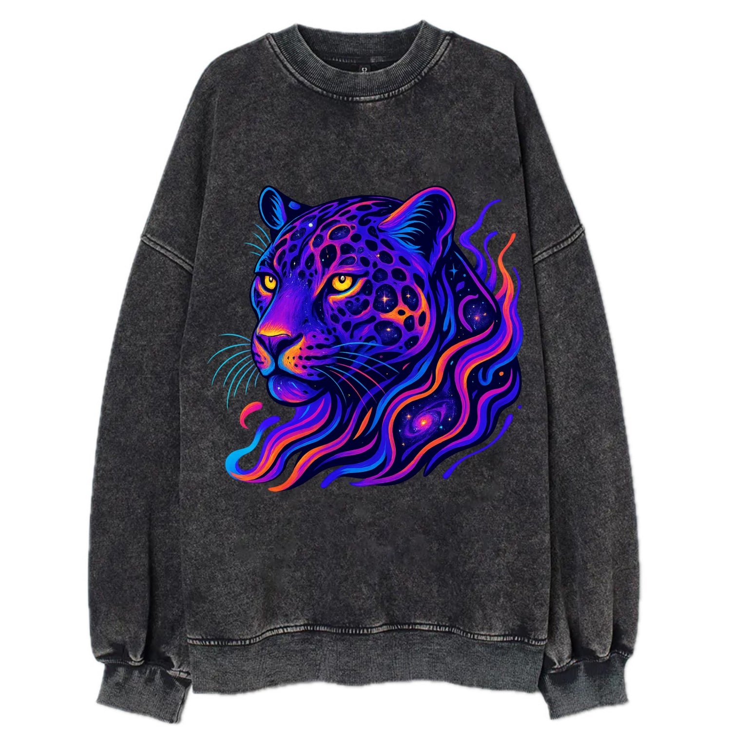 Powerful jaguar with rosettes containing miniature galaxies, cosmic purple and - Vintage Sweatshirt - Black